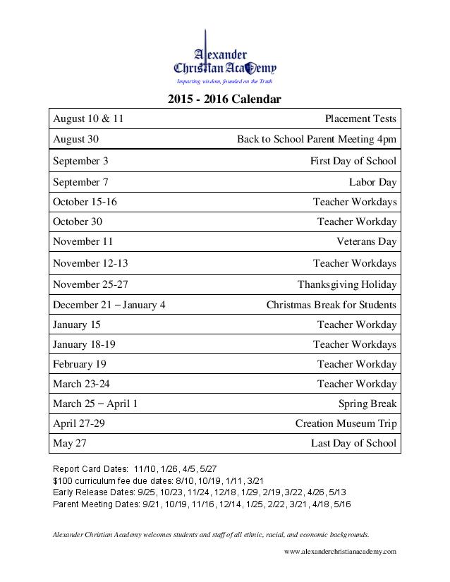 Calendar – Alexander Christian Academy